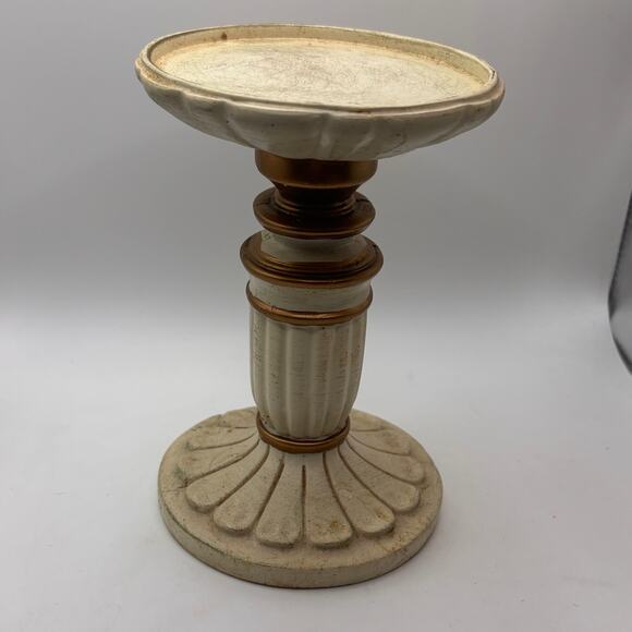 Unknown Other - Cream and gold colored pillar candle pedestal French cottagecore VTG distressed